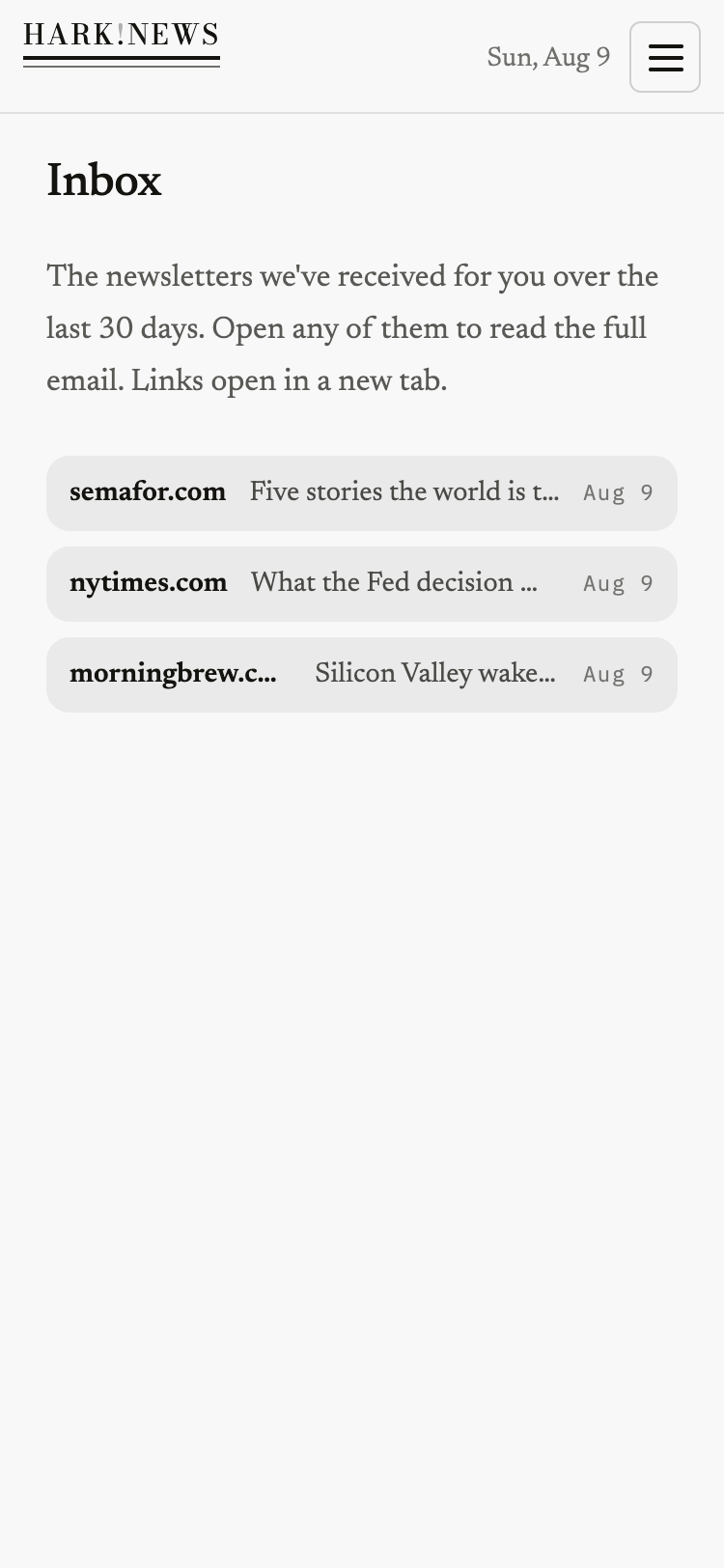 The Hark inbox screen listing received newsletter issues
