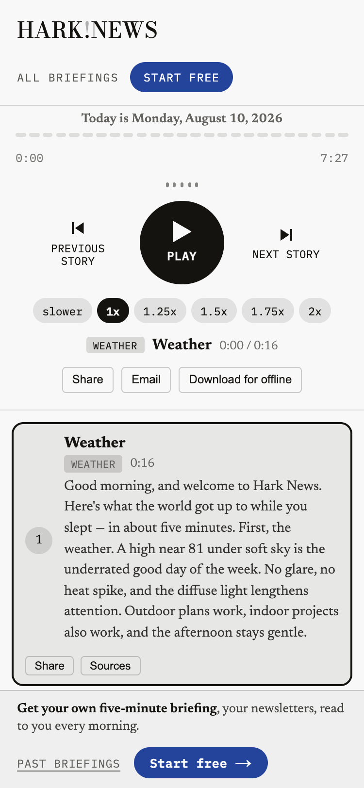 The Hark News player with the day's newscast, story by story
