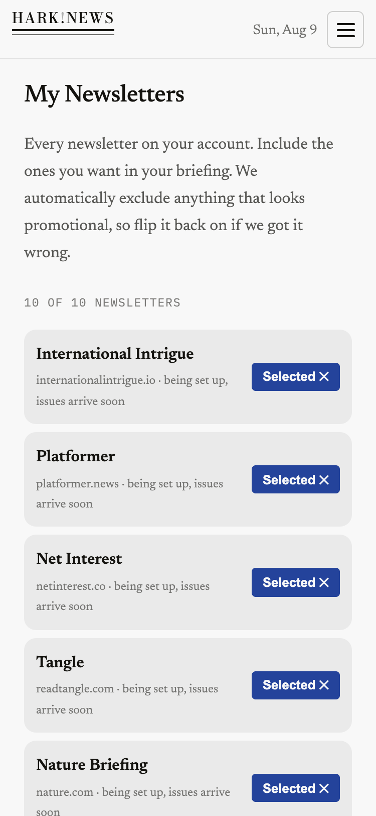 The My Newsletters screen with each source toggled on or off