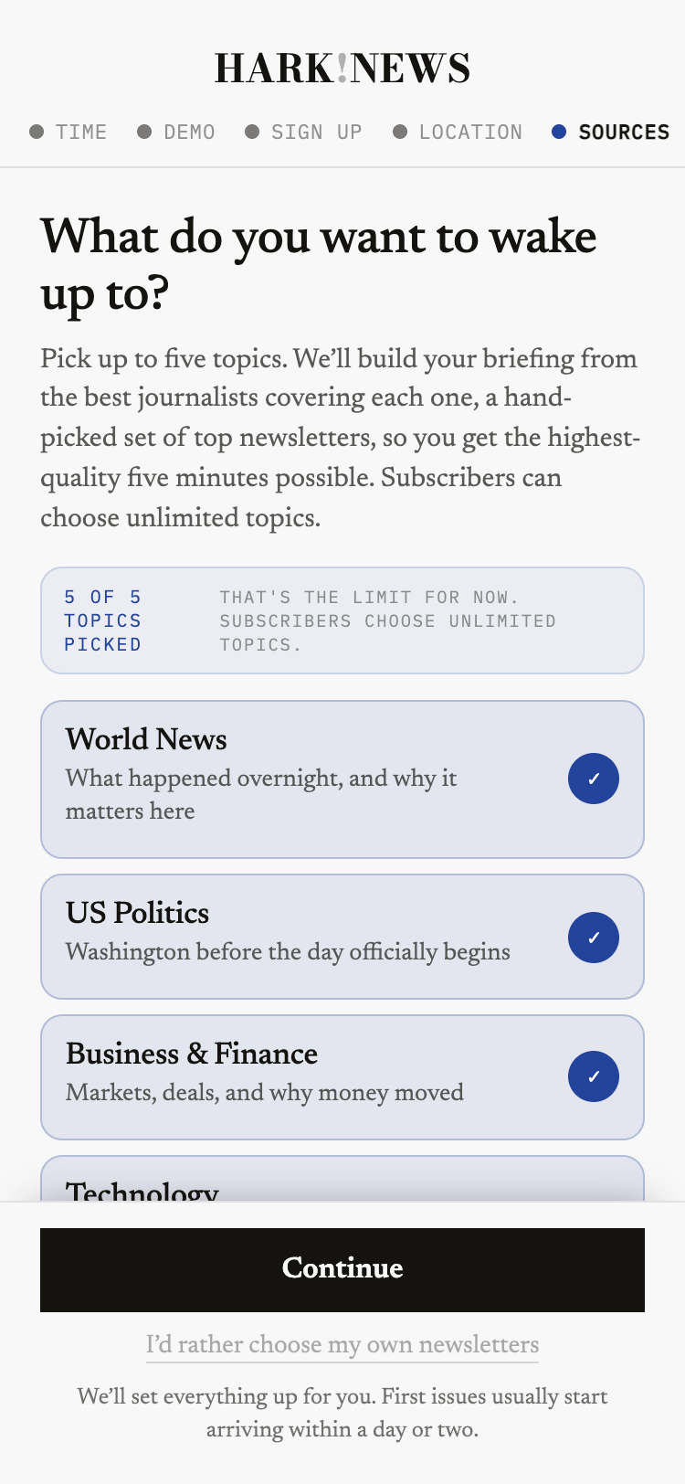 The topics screen in Hark News onboarding, with five topics picked