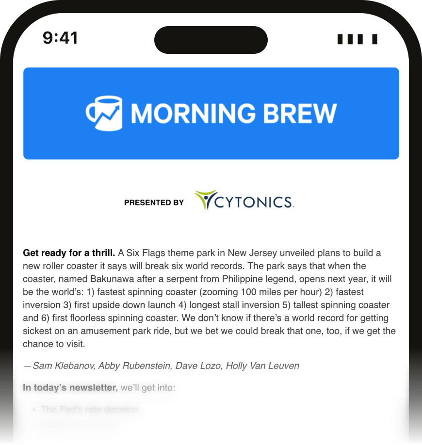 The top of Morning Brew's July 30, 2026 issue on an iPhone: the Morning Brew masthead, a Presented By sponsor line, and the opening story